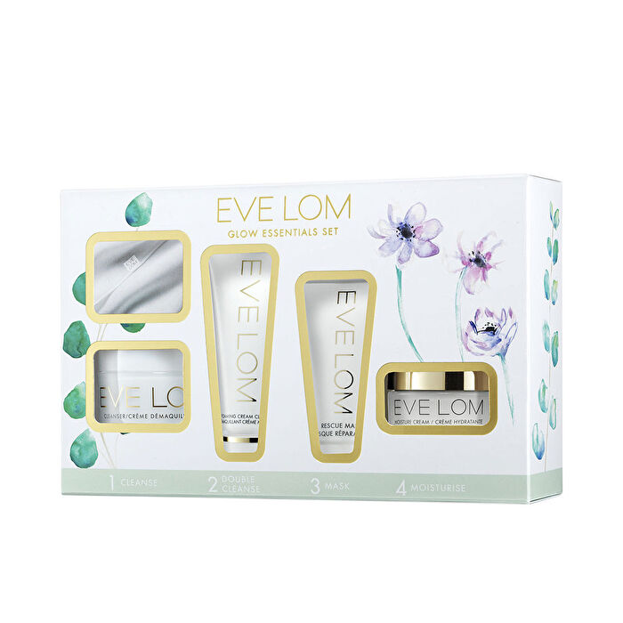 Eve Lom Glow Essentials Discovery Set: Cleanser 20ml + Foaming Cream Cleanser 20ml + Rescue Mask 15ml + Moisture Cream 15ml 4pcs